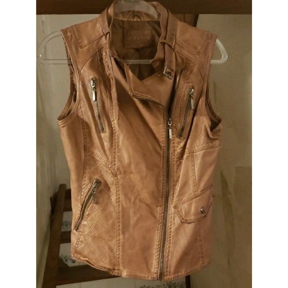 Chelsea & Violet Small Faux Leather Biker‎ Vest Cognac Edgy Moto Grunge Womens
